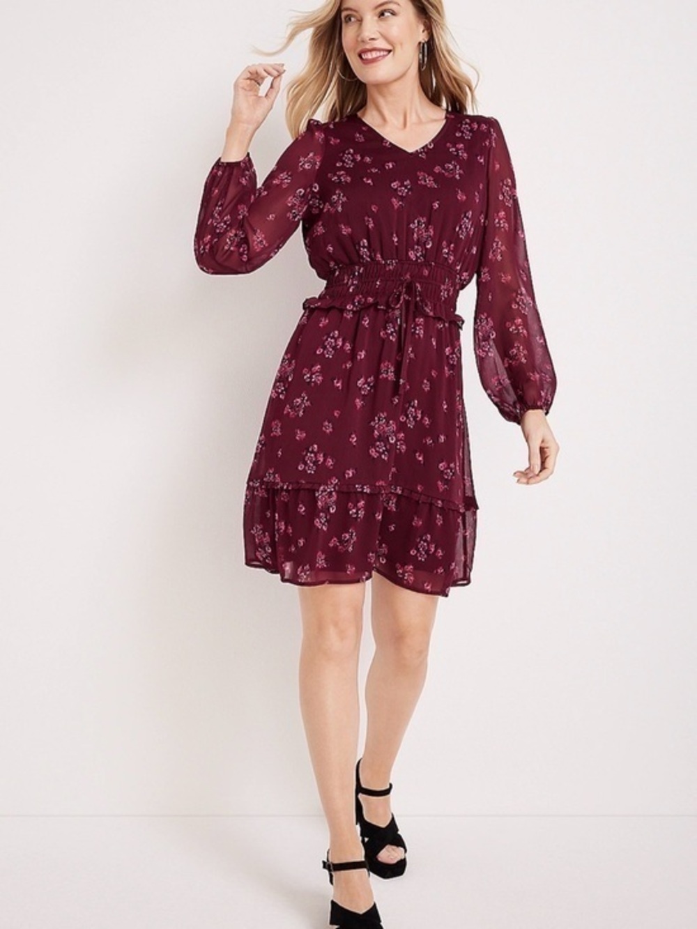 Maurices NWT Floral Smocked Waist Dress Burgundy Long Sheer Sleeve Small